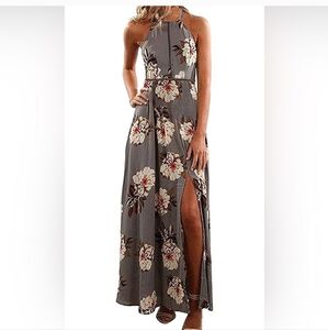 Zesica Women's Small Halter Open Back Floral Gray Maxi Dress With Tie On Back